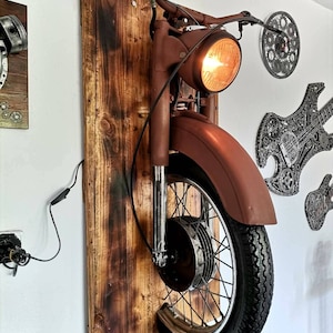 Wall decor lamp retro motor coming out of the wall with  working headlight entirely  handmade vintage style