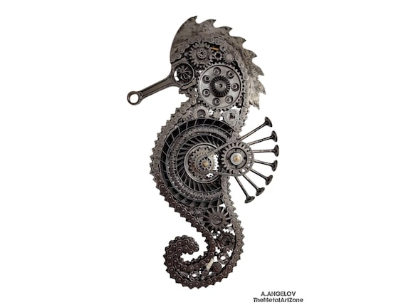 Sea Horse Sculpture Made of Scrap Metal, Auto Parts, Art