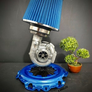 Turbo night lamp, turbine, turbocharger, pressure plate, blue/grey lamp made of scrap car parts