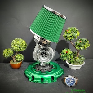 Turbo night lamp made of auto parts, sports filter, turbine, compresor, light, pressure disc, steampunk, art, scrap, metal, handmade