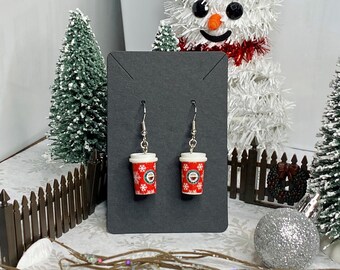 Christmas Coffee Cup Dangle Earrings | Holiday Barista Jewelry