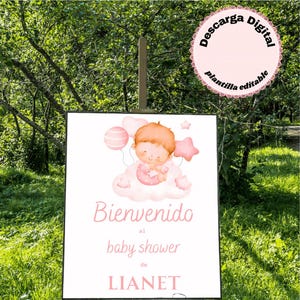 Cartel Bienvenida Baby Shower Niña Diseño Rosa con Nubes y Estrellas Letrero Imprimible en Español Plantilla de Baby Shower Editable