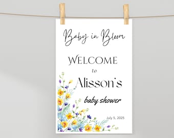 Baby in Bloom Baby Shower Sign Printable, Floral Baby Shower Welcome Sign, Garden Theme Baby Girl Party Decor, Instant Download