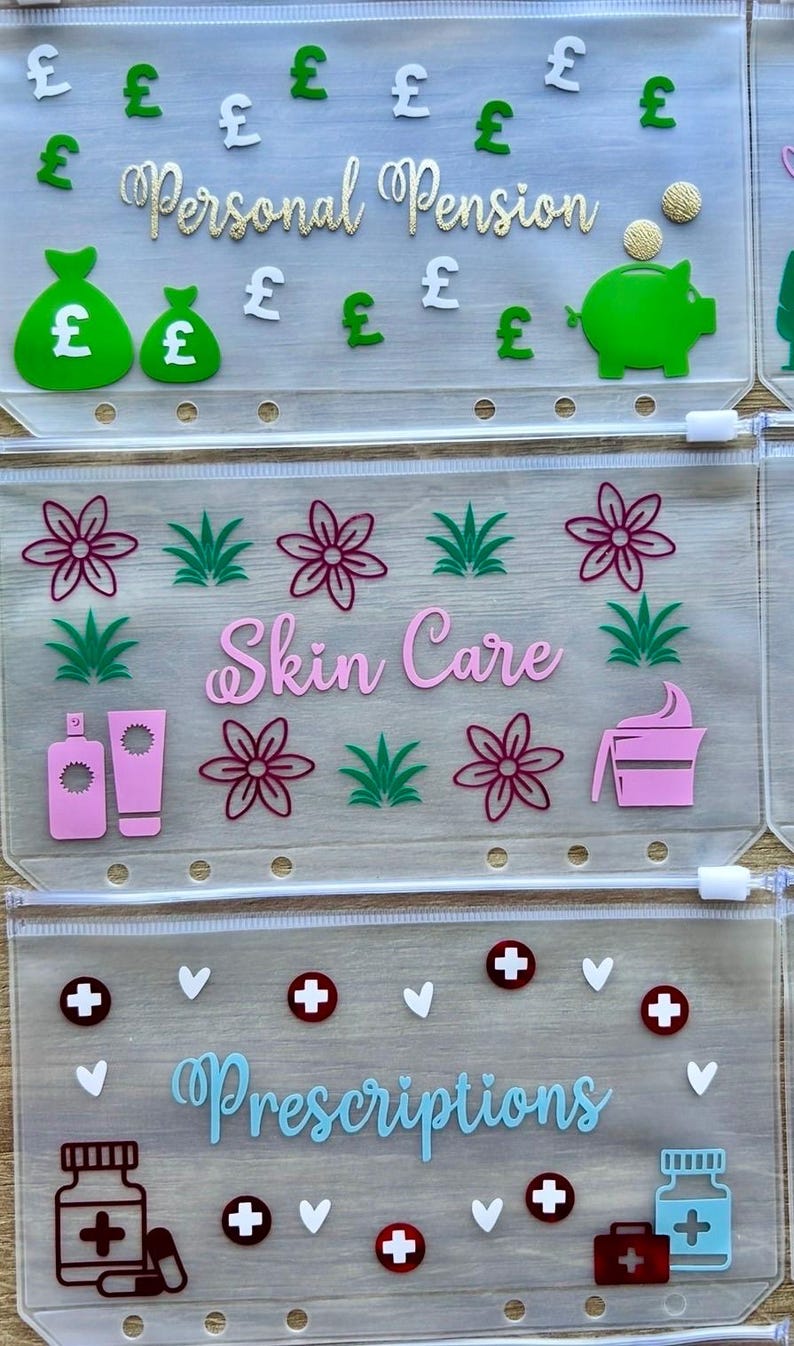 May include: Three translucent plastic zipper pouches with six-hole punched edges. The top pouch features green and white pound symbols, a green piggy bank, and the text Personal Pension. The middle pouch has pink and green floral icons and the text Skin Care. The bottom pouch displays medical icons and the text Prescriptions.