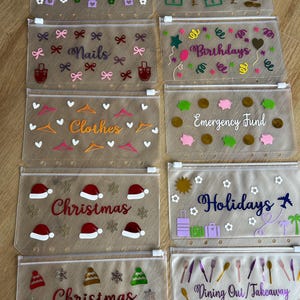 May include: Ten clear plastic zip-lock pouches for ring binders, each decorated with vinyl decals and text labels such as Rent, Visa Savings, Nails, Birthdays, Clothes, Emergency Fund, Christmas, Holidays, and Dining Out/Takeaway with varied icons.