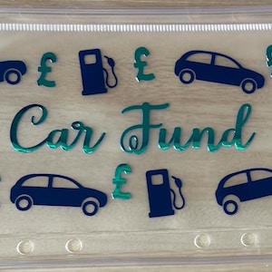 May include: A clear plastic zipper pouch featuring the text Car Fund in green script. The design includes dark blue silhouettes of cars and gas pumps, interspersed with green British pound sterling symbols printed on the transparent surface.