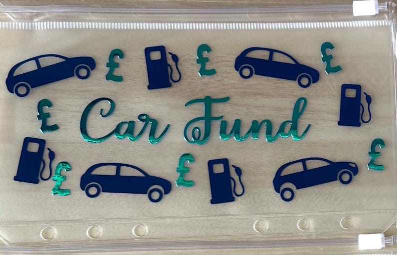 May include: A clear plastic zipper pouch featuring the text Car Fund in green script. The design includes dark blue silhouettes of cars and gas pumps, interspersed with green British pound sterling symbols printed on the transparent surface.