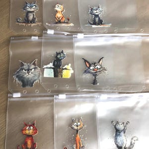 May include: Clear plastic zip pouches with cartoon cat illustrations in various poses and expressions. The cats are depicted in shades of grey, orange, and black, with expressive eyes and playful stances. The pouches are ideal for organising small items.