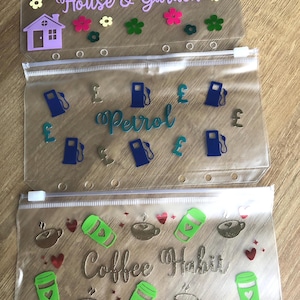May include: Three translucent plastic zipper pouches with six-hole punched edges. The top pouch features a purple house, flowers, and the text House & Garden. The middle pouch shows blue gas pumps and pound symbols with the text Petrol. The bottom pouch displays green coffee cups, brown coffee mugs, and the text Coffee Habit.