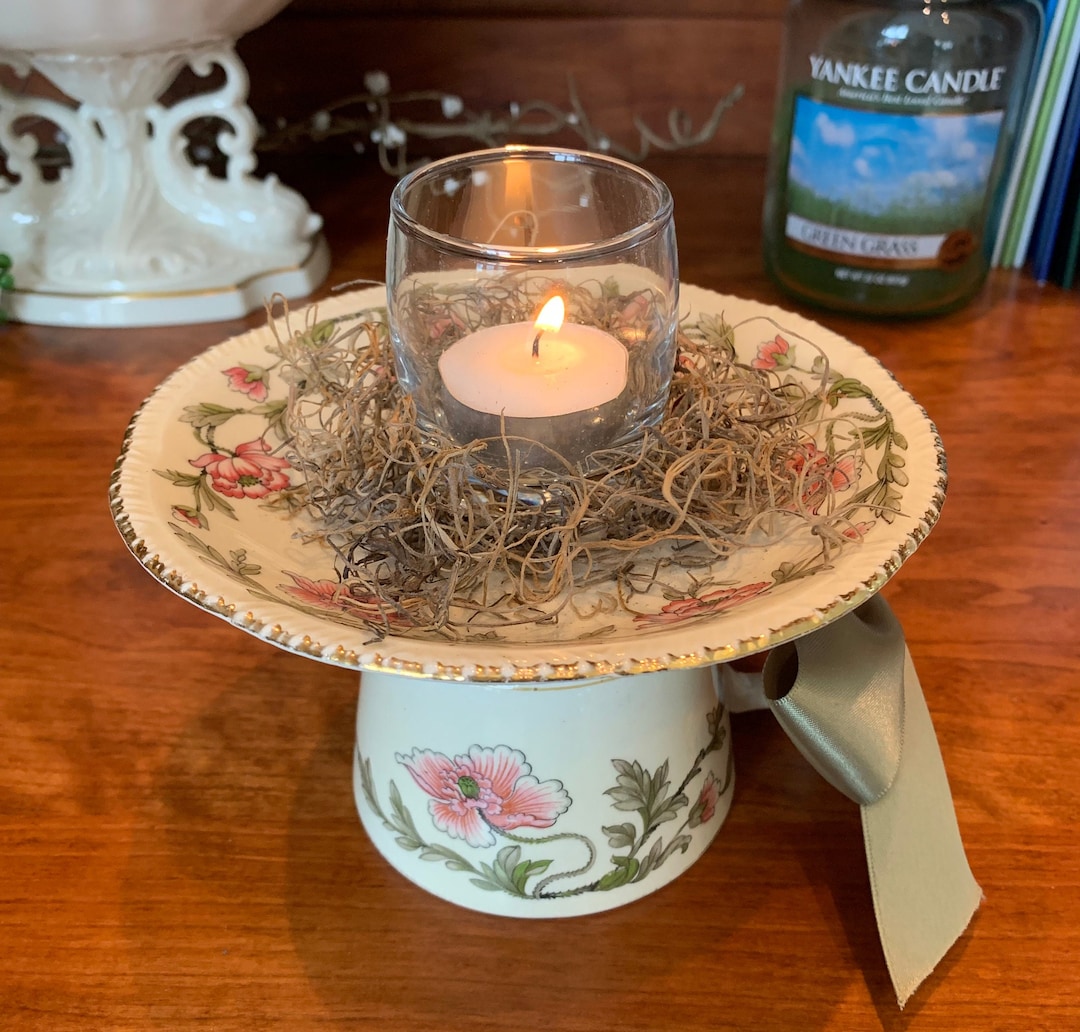 Vintage Tea Cup Candle Holder Upcycled Candy Dish Shabby Etsy