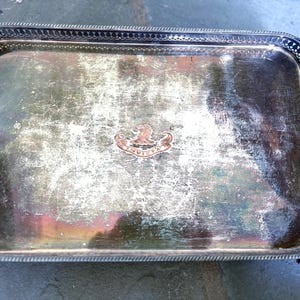 Victorian English Invicta Lion Emblem Footed rectangular copper alloy tray, silver plated,  Rare Find!