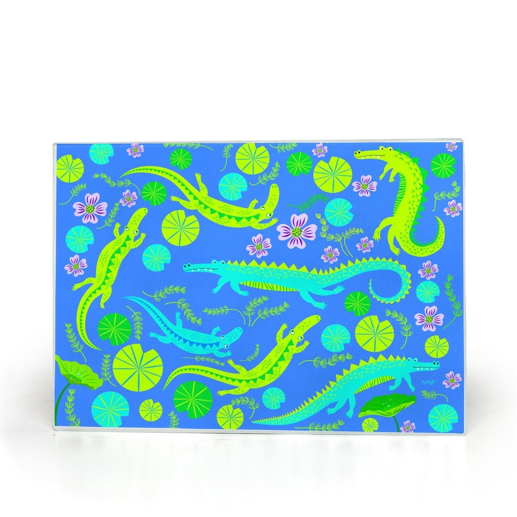 Playful Cute Gators Blue Glass Cutting Board