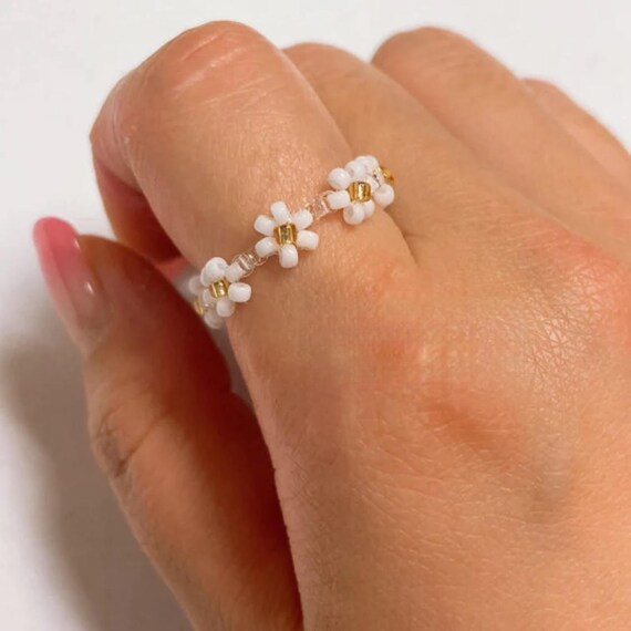 Dainty Gold Flower Ring - Seed Pearl Ring