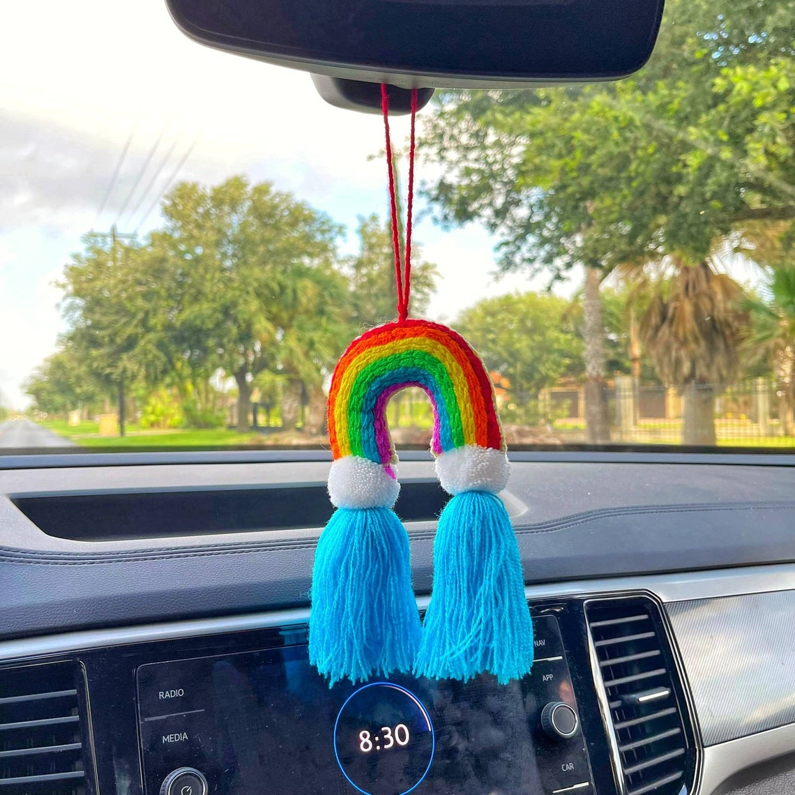 Rainbow pom poms Rainbow decor Car charm Hanging pom pom Etsy