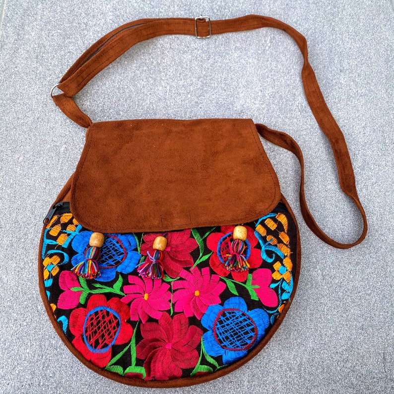 Mexican Crossbody Purse Embroided Sueded Handbag