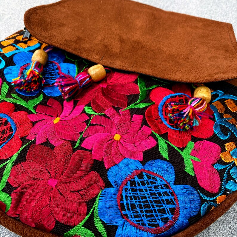Mexican Crossbody Purse Embroided Sueded Handbag