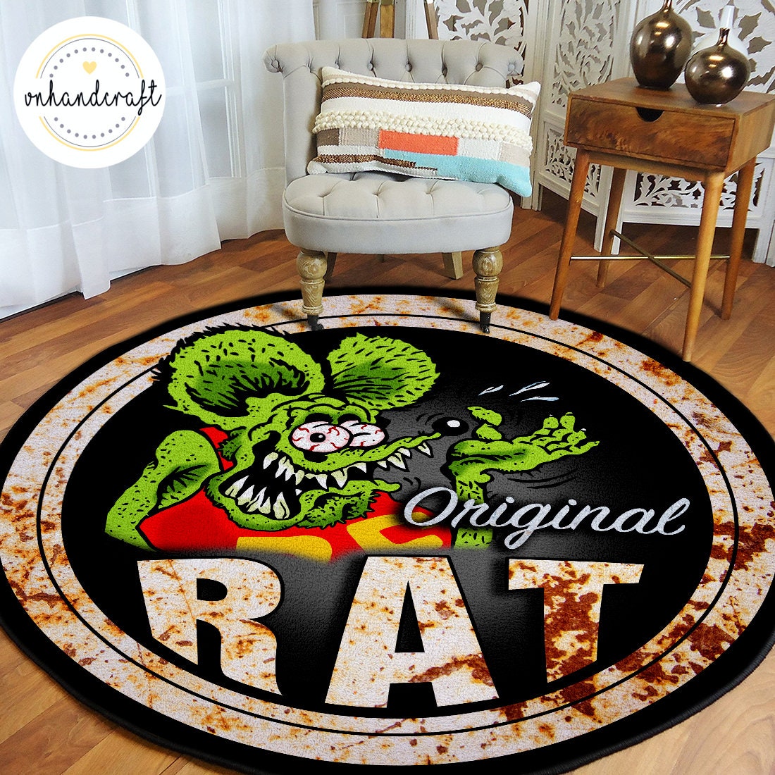 Rugs Rat Fink Rug Gifts for him Gifts for Dad Personalized rat fink roundmat Mancave Rug Rat Rod