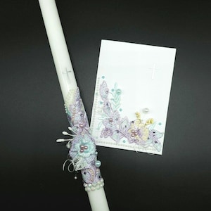 Christening Candle 35 cm long Church Candle Embroidery set Holy Communion Baptism Candle Gift set Christening card