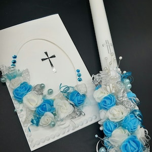 Christening Candle Exclusive - First Holy Communion Baptism - Long 35 cm - Unique Gift - Floral Candle - Gift Card - Christening gift set