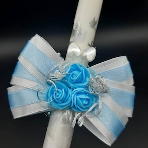 Christening candle 35 cm Long Church candle Christening ceremony candle Holy Communion candle with Cross Doves Roses