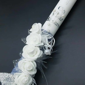 On your Baptism candle 35 cm long Holy Communion Church ceremony Baby Gift Godparents gift Church long candle Floral decoration Candle