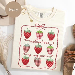 Comfort Colors® Motherhood My Jam Strawberry Shirt, Coquette Mothers Day Shirt, Mother Hood Cool Mom Club, Cute Faux Patch Retro Mama Gift