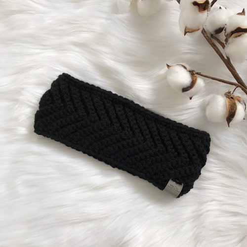 Black Chunky Knitted Headband Knitted Hairband Winter Etsy