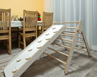Triangle + 1.25M reversible ramp, faltbare Kletterdreieck - Montessori Spielzeug, Felswand, toddler toy, activity toy, MDF white color