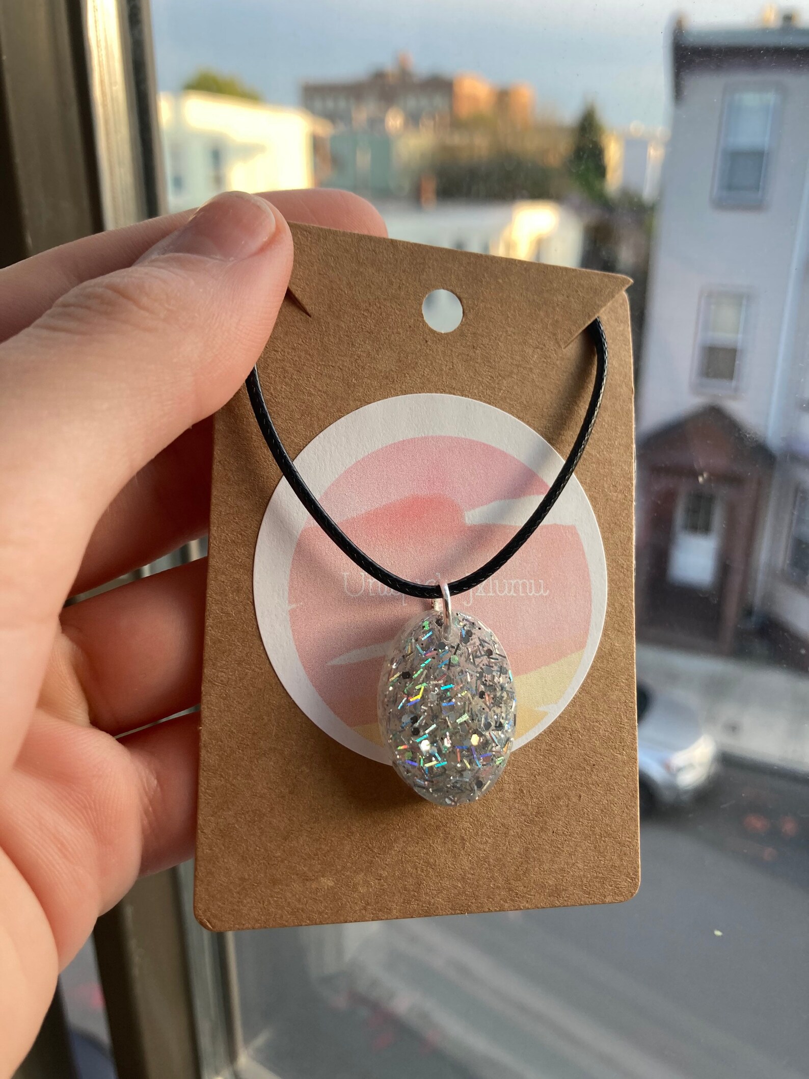 Silver glitter pendant necklace Etsy