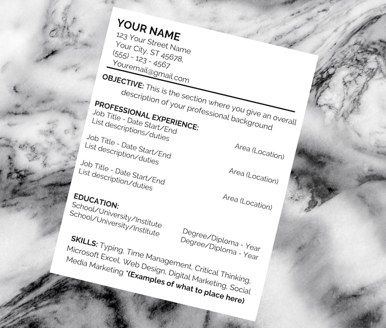May include: A black and white resume template with the heading "YOUR NAME" and sections for "Objective", "Professional Experience", "Education", and "Skills".