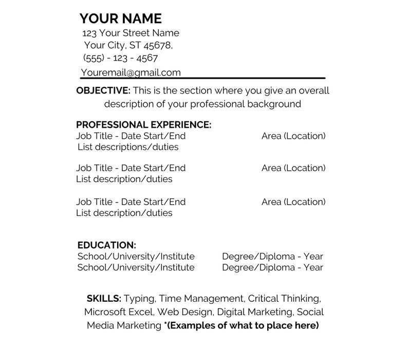 May include: A resume template with a black and white design. The template includes sections for your name, contact information, objective, professional experience, education, and skills. The template also includes space for you to list your job titles, dates of employment, areas of expertise, and educational background.