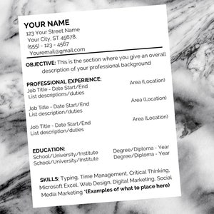 May include: A black and white resume template with the heading "YOUR NAME" and sections for "OBJECTIVE", "PROFESSIONAL EXPERIENCE", "EDUCATION", and "SKILLS".