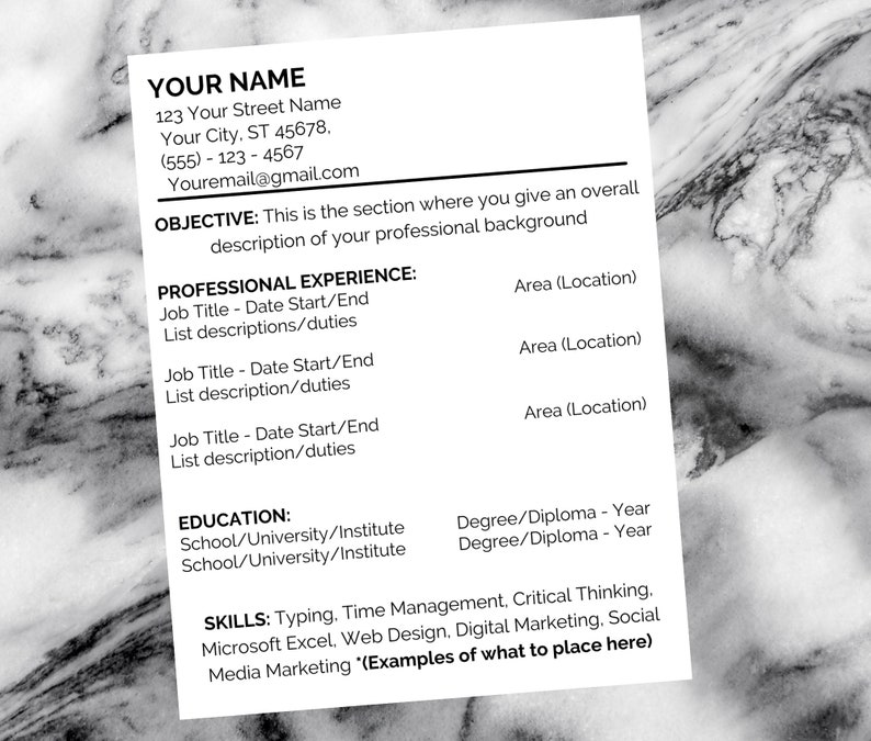 May include: A black and white resume template with the heading "YOUR NAME" and sections for "OBJECTIVE", "PROFESSIONAL EXPERIENCE", "EDUCATION", and "SKILLS".
