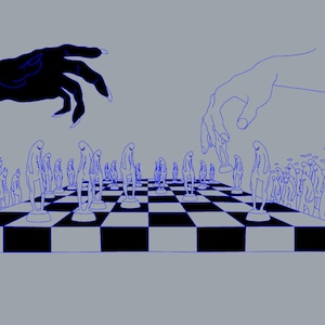 Puede incluir: Una ilustración en blanco y negro de dos manos jugando al ajedrez. Las piezas de ajedrez están representadas por figuras de palo. Las manos se extienden sobre un tablero de ajedrez con casillas blancas y negras.