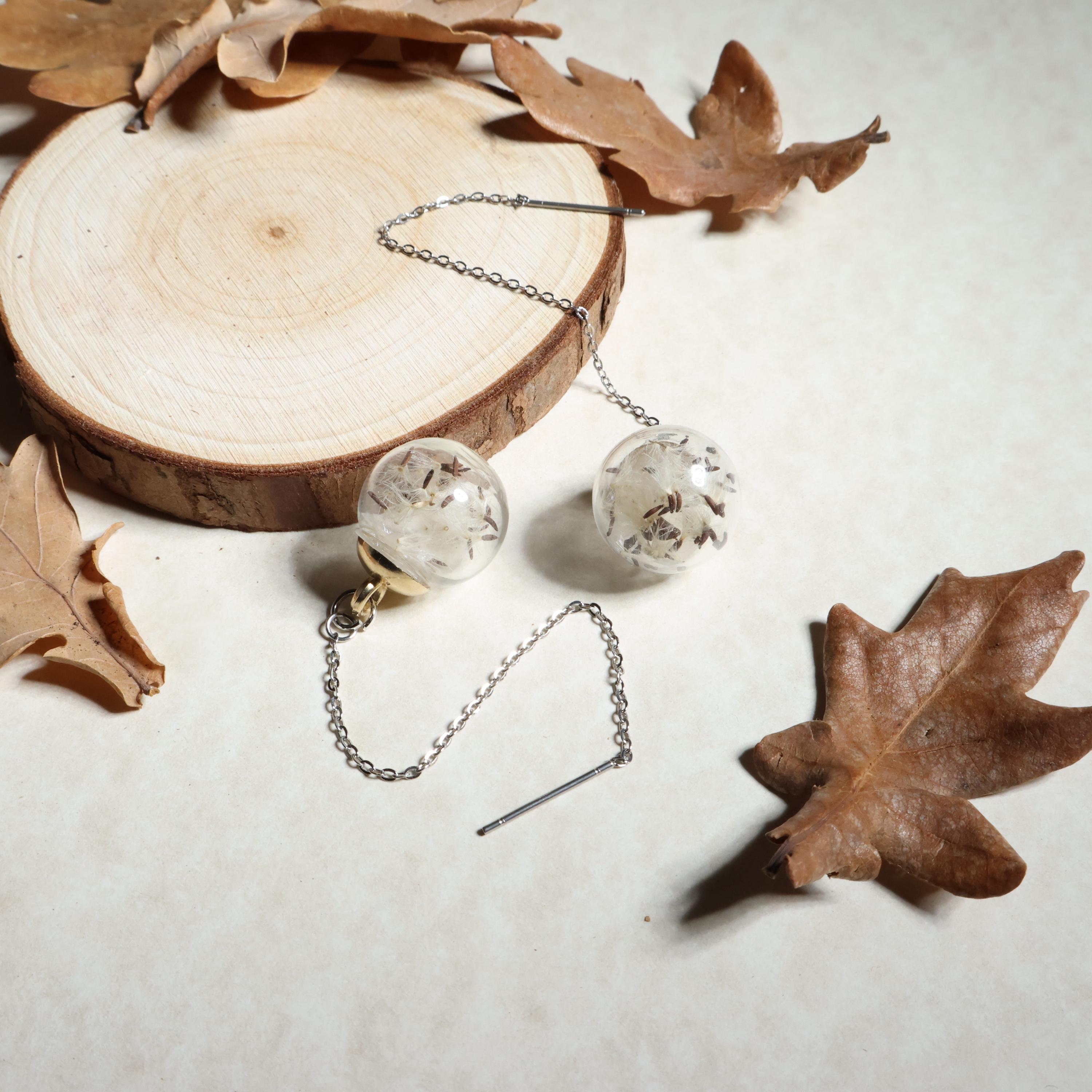 Glass Ampoule Earrings With Dandelion Seeds Enclosed With a Thin