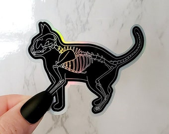 Holographic Black Cat Skeleton Sticker, Goth and Oddity Animal Skeleton Decal, Skull Stickers, Water Bottle and Laptop Stickers