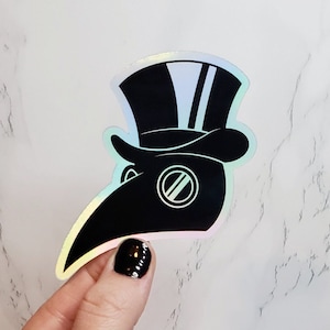 May include: A black and white iridescent sticker of a plague doctor wearing a top hat and a long beak mask.