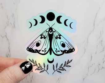 Holographic Moth Moon Phase Sticker, Moon Sticker, Moth Sticker, Moon Phase Sticker, Magic Sticker, Witch Sticker, Water Bottle Sticker