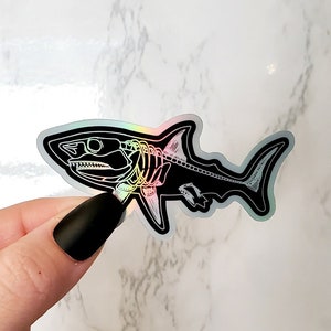 May include: A holographic sticker of a shark skeleton with a rainbow iridescent finish.