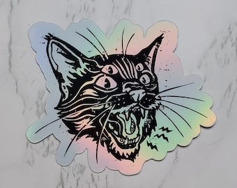 Holographic Hell Cat Sticker, Cat Sticker, Goth Sticker, Creepy Sticker, Sticker, Water Bottle Stickers, Laptop Stickers, Cat, Stickers