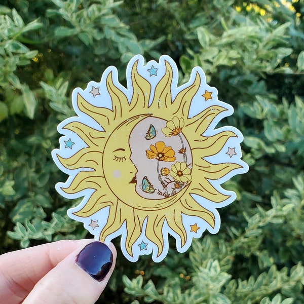 Sun and Flowers Sticker, Sun Flower Sticker, Sunflower, Sun Sticker, Sun, Sun and Moon Sticker, Moon, Hippie Sticker, Retro Sticker