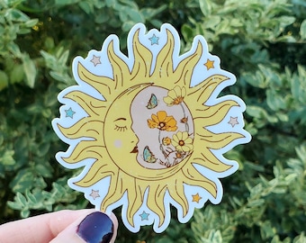Sun and Flowers Sticker, Sun Flower Sticker, Sunflower, Sun Sticker, Sun, Sun and Moon Sticker, Moon, Hippie Sticker, Retro Sticker