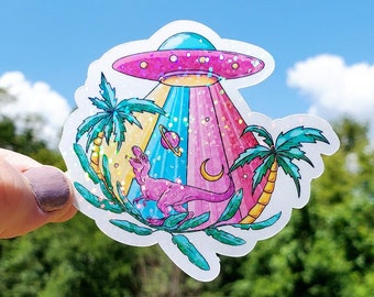 Glitter T-Rex Sticker, Dinosaur Sticker, UFO Sticker, Trex Sticker, Weird Sticker, Funny Sticker, Pastel Sticker, Stickers, Laptop Sticker