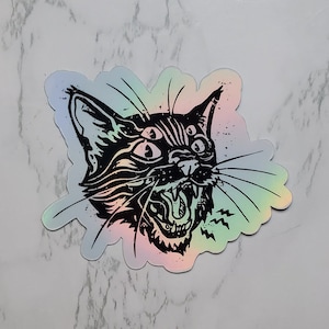Holographic Hell Cat Sticker, Cat Sticker, Goth Sticker, Creepy Sticker, Sticker, Water Bottle Stickers, Laptop Stickers, Cat, Stickers