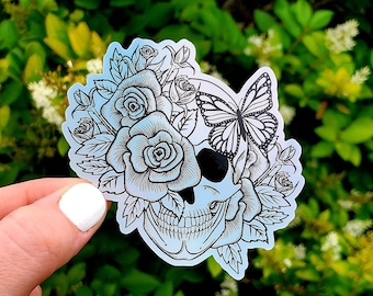 Holographic Skull With Flowers Sticker, Skull Sticker, Flower Sticker, Skeleton Sticker, Goth Sticker, Flowers, Skull, Goth, Laptop Sticker
