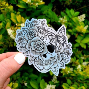 Holographic Skull With Flowers Sticker, Skull Sticker, Flower Sticker, Skeleton Sticker, Goth Sticker, Flowers, Skull, Goth, Laptop Sticker