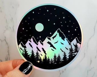 Holographic Night Sky Sticker, Star Sticker, Tree Sticker, Camping Sticker, Nature Sticker, Mountain Sticker, Hiking Sticker, Stickers