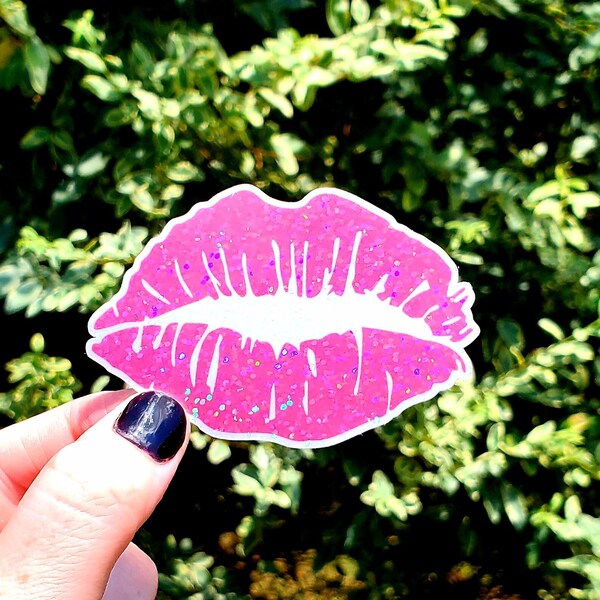 Glitter Kiss Sticker, Lips Sticker, Kiss Sticker, Pink Sticker, Holographic Glitter Sticker, Water Bottle Sticker, Laptop Sticker, Pink Lips