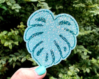 Glitter Monstera Sticker, Plant Sticker, Leaf Sticker, Pastel Sticker, Smile Sticker, Laptop Sticker, Vinyl Sticker, Water Bottle Sticker