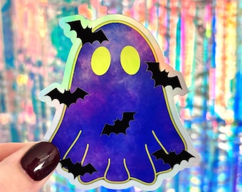Holographic Galaxy Ghost With Bats Sticker, Holo Halloween Ghost Sticker, Bat Decal, Water Bottle and Laptop Sticker